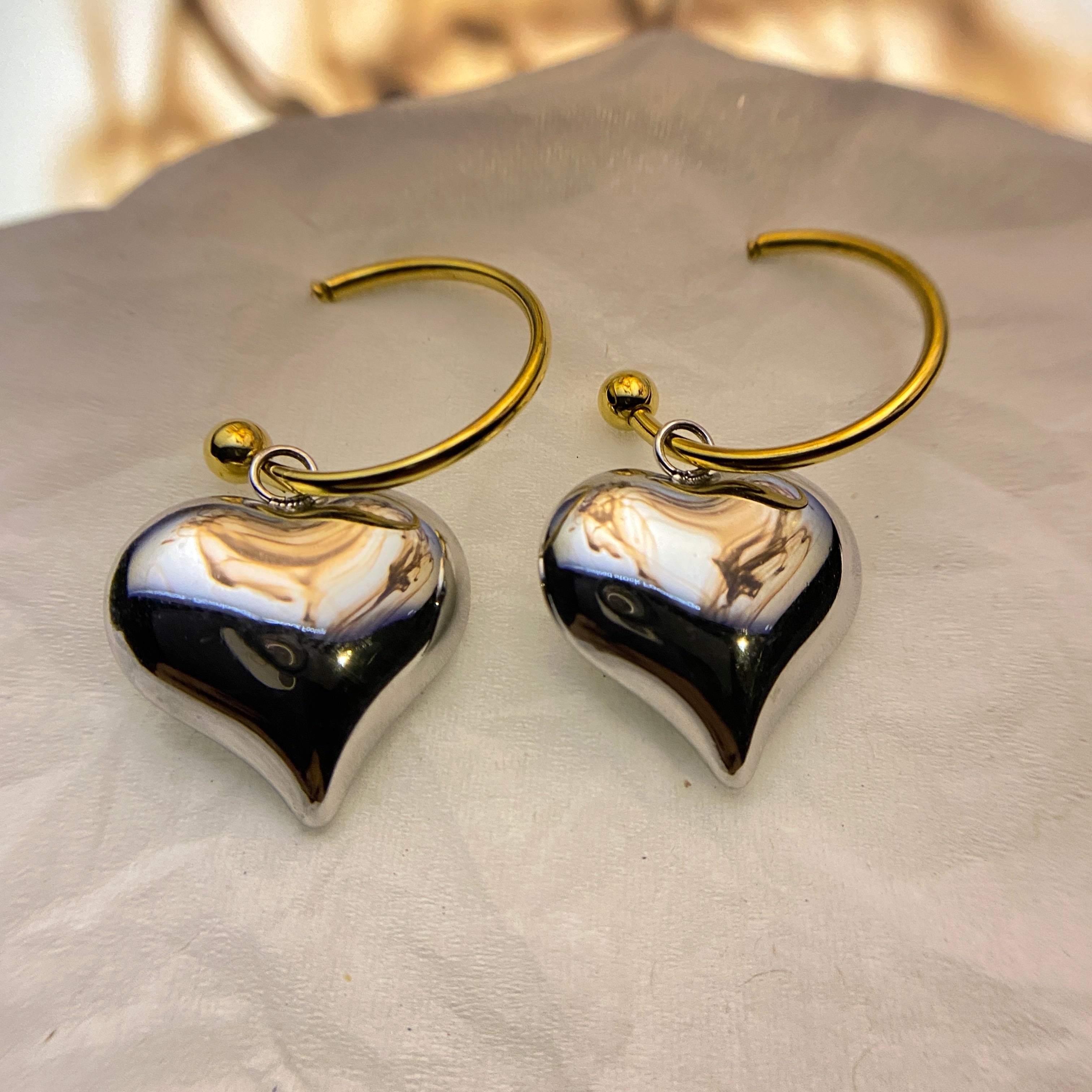 Dual Tone Heart Drop Earrings